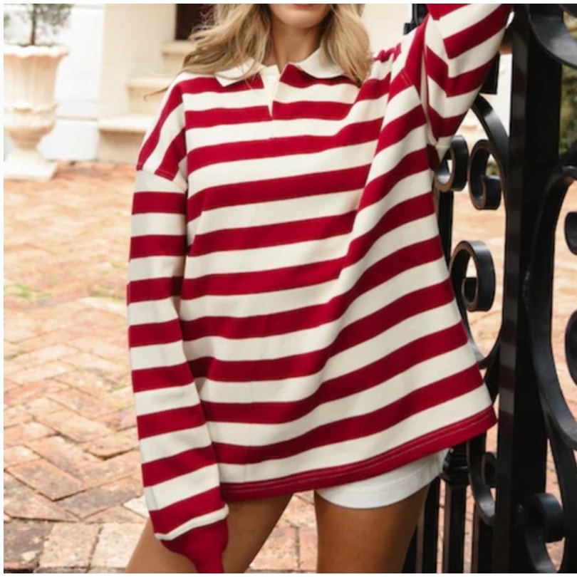Parke Long Sleeved Rugby Shirt Women Size S/M Red White Striped Button Casual